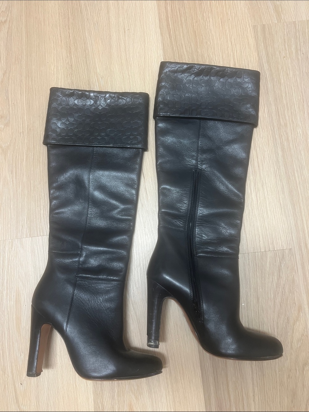 Coach Black Leather Fold-Over Cuff High Heel Boots